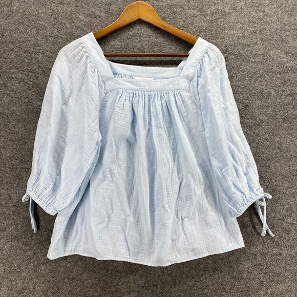 LC Lauren Conrad Blouse Women PM Petite Blue 3/4 Sleeve Square Neck Cotton - Picture 1 of 9